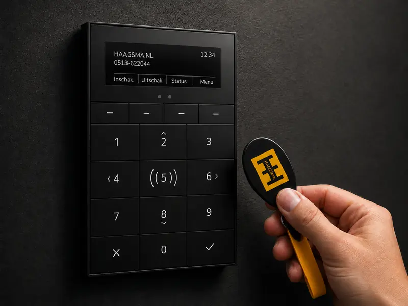 Bediendeel van een alarmsysteem met een Haagsma-tag, zoals Haagsma het installeert